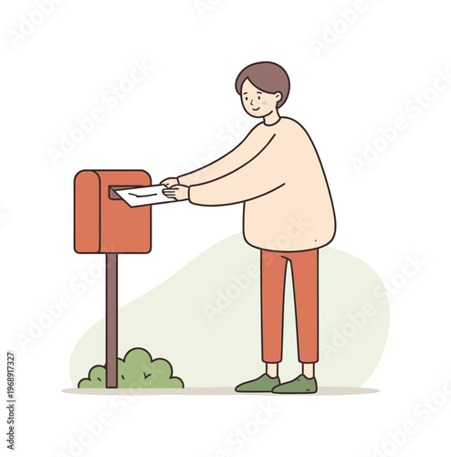 Calm Letter Delivery. Quiet person sends a letter by sliding an envelope into a mailbox, standing still for a moment before