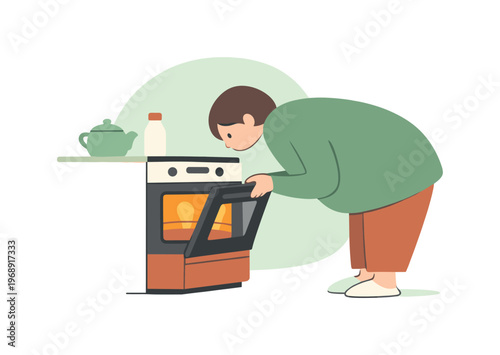 Checking Oven Quietly. Quiet person checks the oven door, leaning slightly forward to peek inside while warm light glows softly