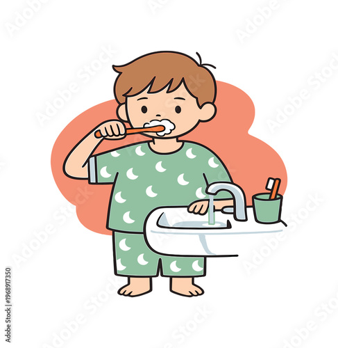 Fresh child brushes teeth at sink before sleep as water runs softly and pajamas show a calm nightly routine before bedtime now