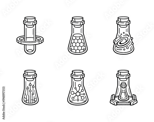 Line style icons of nanotech enhancement flasks: transparent vial ring, nano-unit mesh, activation swirl, upgrade-channel line,