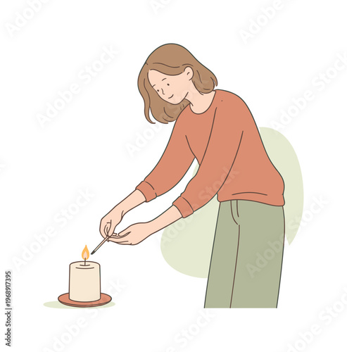 Gentle person finishes lighting a candle lowering the match as the flame glows steadily | scene of person lighting a candle, flat