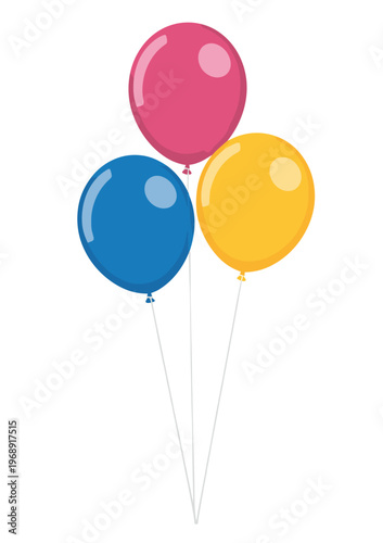 Three inflated balloons in pink blue and yellow tied with white strings