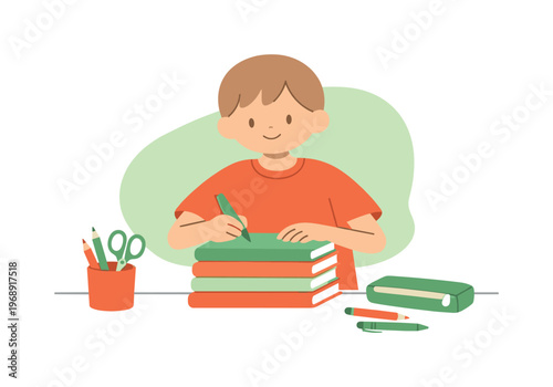 Bright child finishes labeling notebooks, stacking them proudly as the workspace looks ready for school now!! | child labeling