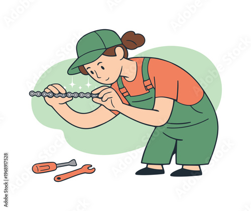 Soft mechanic leans toward a bike chain examining links as light reflects off metal and motion stays slow | scene of mechanic