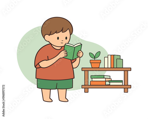Calm child chooses books at home pausing to read a cover while the tidy shelf stays balanced | scene of child choosing books at