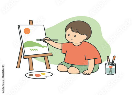 Child's Creative Canvas. Bright creative moment shows a child painting on a canvas as clean space highlights the focused activity