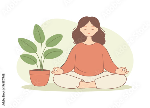 Meditative Plant Harmony. Soft person meditates beside a leafy plant sitting cross legged as light falls softly and the room feels