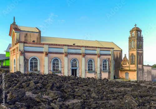 Exterior of the Notre dame des laves church in Sainte Rose De La Reunion, France. Church miraculously survived red-hot lava during volcanic eruption in 1977.