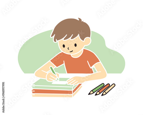 Child Organizes Notebooks. Warm child labels notebooks neatly on a table, aligning covers and smoothing tags as pencils rest