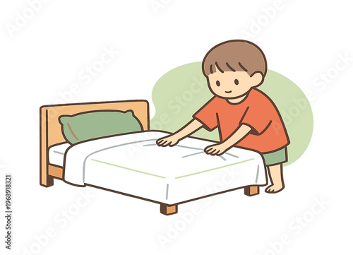 Cute child making bed with clean white sheets and green pillow