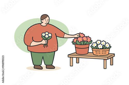 Happy person choosing flowers at a garden stand with vibrant blooms