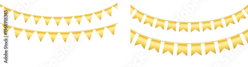 Golden triangle party bunting border. Gold festive flag garland. Birthday party bunting. Yellow flag ribbon chain. Carnival banner. Design element. Vector illustration isolated on white background.