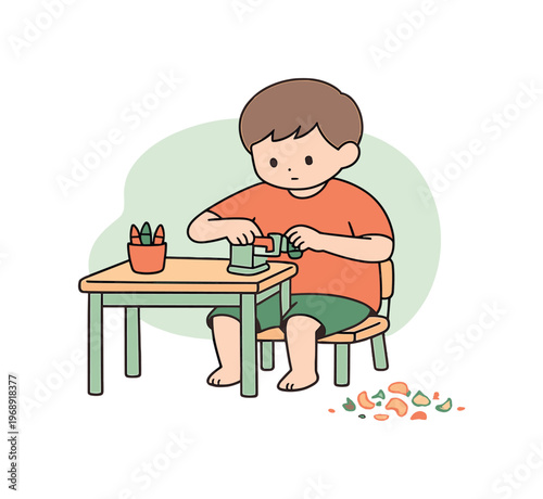 Cute cartoon boy sharpening colored pencils at a desk with shavings on the floor