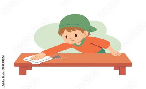 Young child cleaning a dusty wooden table with a white cloth