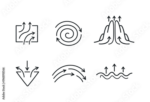 Collection of abstract line icons representing fluid dynamics and air flow patterns