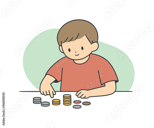Bright child practices counting coins near a window, smiling slightly as correct sums appear today learning math at home calmly