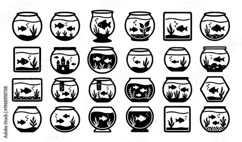 Fish bowl icon set with aquarium shapes in black and white filled solid vector style isolated on white background