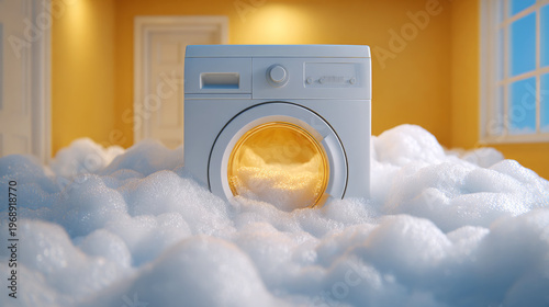 Washing machine surrounded by white foam bubbles in a bright yellow room with a window and door, creating a playful and whimsical laundry scene