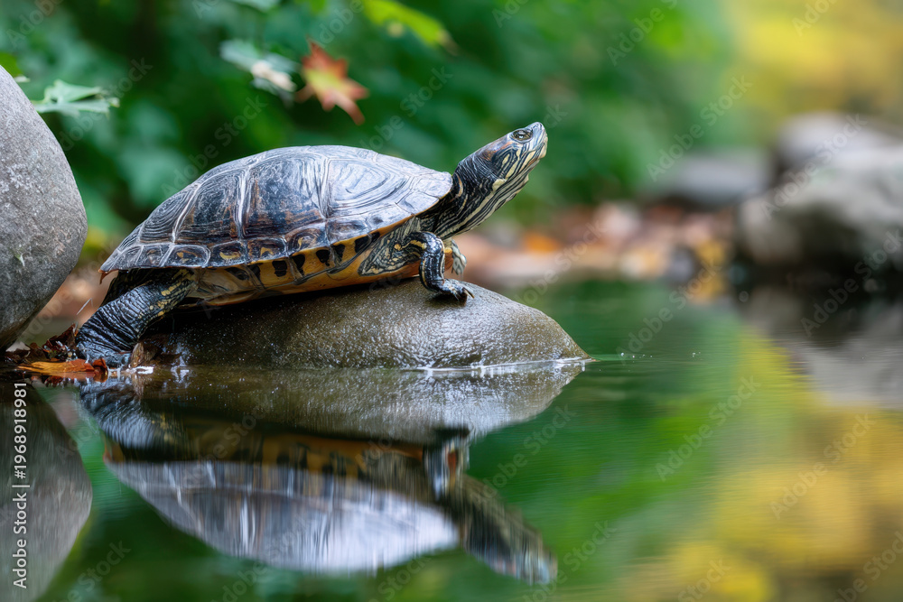 Obraz premium Turtle resting on a rock near calm water in a lush green environment during autumn