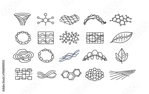 Line style icons of quantum-optimized energy transfer: coherent funnel band, photon relay node, pigment mesh curve, exciton