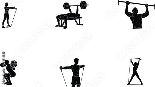 Fitness silhouettes of people exercising and doing gym workouts on white background