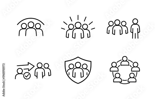 Line style vector icons of social favoritism: in-group-icon outline, highlighted-team motif, outsider-person symbol,