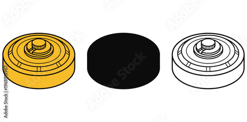 A technical drawing of three circular objects with varying designs and colors on a white background