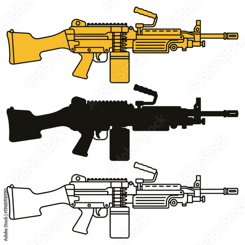 An illustration of three different colored assault rifles on a white background