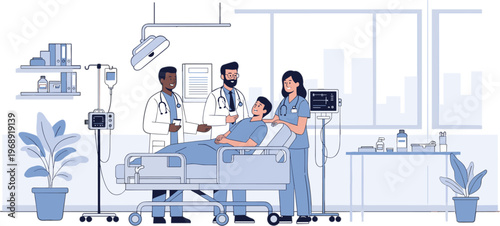 Healthcare Professionals in Hospital Room with Patient on Bed, Doctors and Nurses for Medical Treatment, Healthcare, and Recovery