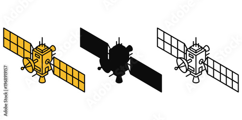Three different colored satellites in space with solar panels extended