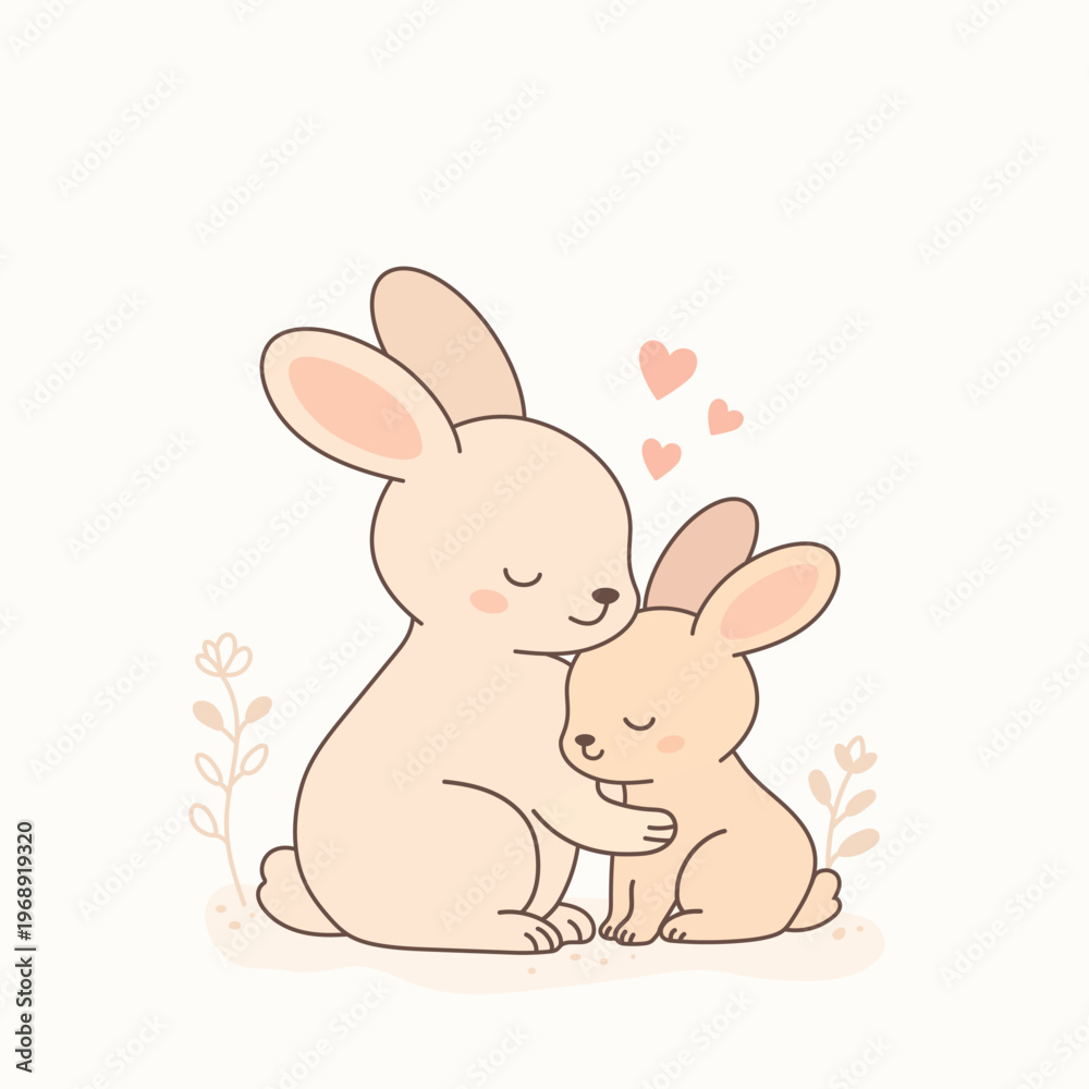 Fototapeta premium Minimalist vector illustration of a cute mother rabbit hugging her baby bunny. Tender family love concept, perfect for Mother's Day, nursery design, greeting cards, and kids products