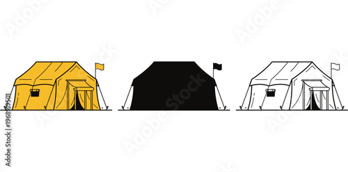 Three different colored tents are shown in a row on a plain background