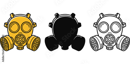 A set of gas masks in different colors and styles on a white background