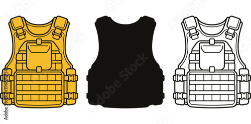 A graphic illustration of three bulletproof vests in different colors on a white background