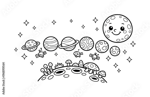 Planet parade floating above a small alien planet with craters and alien plants, tiny satellites orbiting, stars sparkling in the
