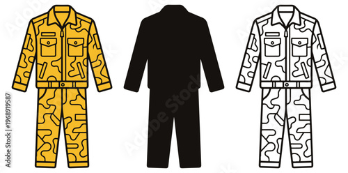 A graphic illustration of three different colored jumpsuits with various designs