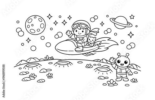Comet ride flying above a cratered alien planet with tiny alien plants and rocks, stars sparkling overhead, a friendly alien