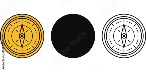 A graphic design featuring three compass illustrations in different colors and styles on a white background