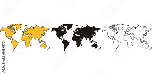 A colorful illustration of the world map in different shades and styles on a white background