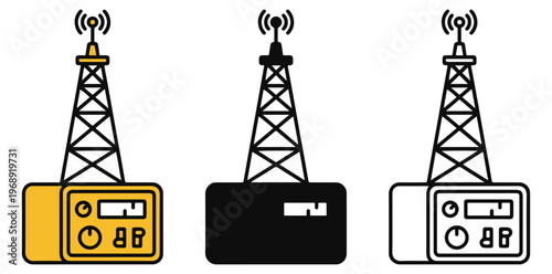 A set of radio towers with different colored devices transmitting signals