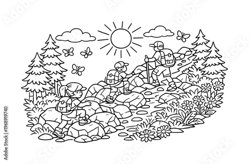 Boulder Climb Adventure. Mountain hike with hikers climbing over boulders and a steep path, surrounded by trees, ferns, and