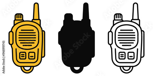 A graphic illustration of three walkie-talkies in different colors on a white background