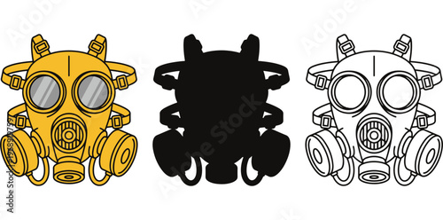 A set of gas masks in different styles and colors on a white background