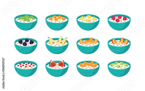 Breakfast cereal bowls with milk topped with kiwi slices, mango cubes, pineapple chunks, raspberries, blackberries, pear slices,