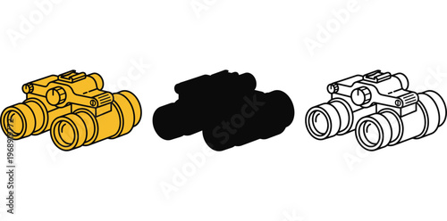 An illustration of three binoculars in different colors and styles on a white background