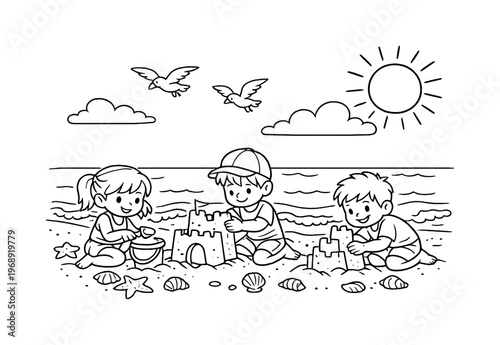Beach day with children building sandcastles on the sandy shore, seashells and starfish scattered around, gentle waves lapping