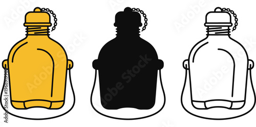 A set of three colored canteens with chains on a white background