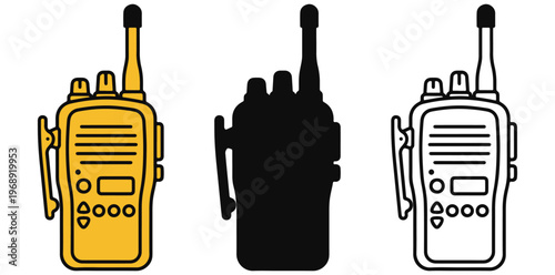 A set of walkie-talkies in different colors and styles on a white background