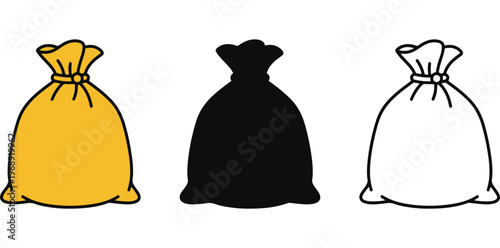 A colorful illustration of three trash bags in different colors on a white background
