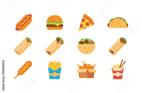 Popular street food items including hot dog, hamburger, pizza slice, taco, burrito, kebab wrap, falafel pita, shawarma roll, corn